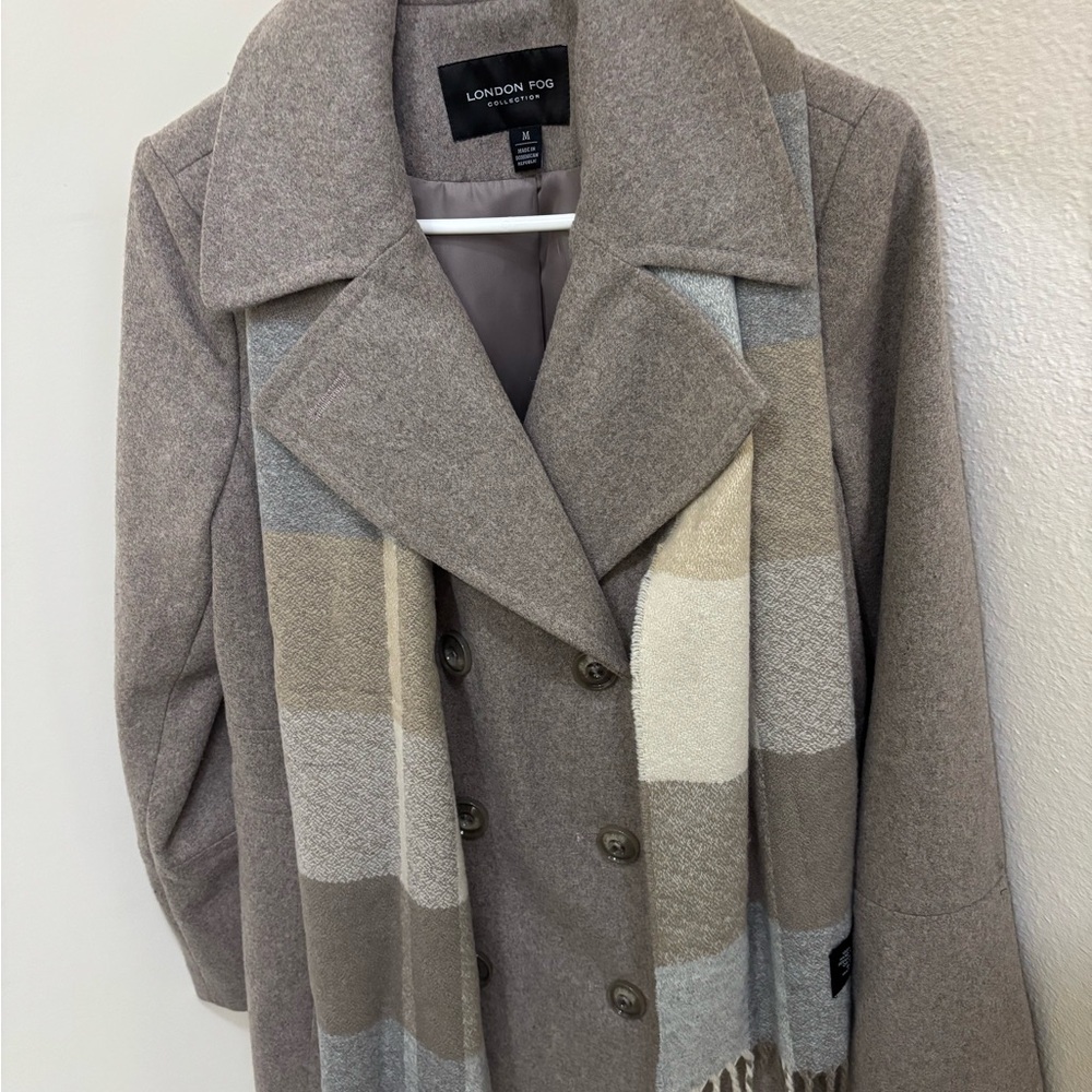 London Fog Women's Gray Double-Breasted Pea Coat with scarf